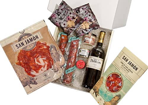 SAN JAMÓN: Weihnachtskorb mit iberischem Schinken, Lendenstück, iberischen Produkten, Ziegenkäsecreme, Rioja-Wein und Foie Gras. Gourmet-Geschenk.