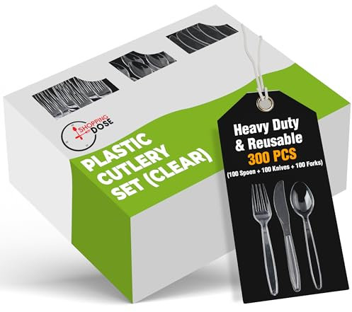 Shopping Dose Pack of 300 Heavy Duty Reusable Clear Plastic Cutlery Set (100 Spoons,100 Forks,100 Knives) Durable & Sturdy Party Cutlery Set for BPA Free Dinning (300, Clear/Transparent)