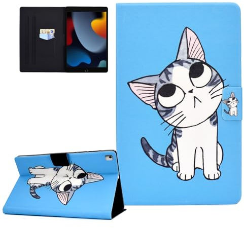 CASAFUNY Hülle für iPad 10,2 Zoll 2021/2020/2019, ipad hülle 9.Gen/8.Gen/7.Gen, PU Leder Tablette Schützhülle Multi-Winkel Ständer Cover Case Auto Schlaf/Wach für iPad 10,2 Zoll, Blaue Katze