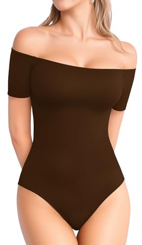 MANGOPOP Womens Off Shoulder Short Sleeve Long Sleeve Tops T Shirt Bodysuit Jumpsuit, Short Sleeve Coffee, Large