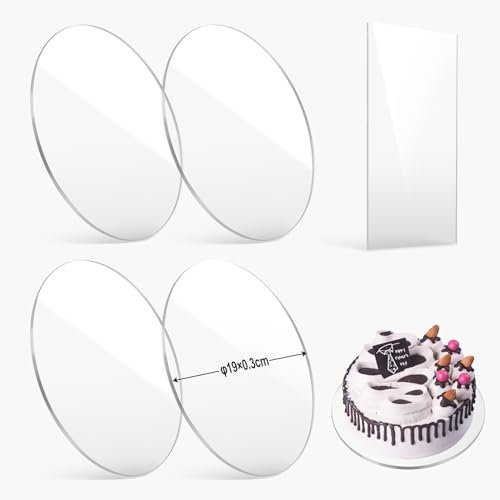 efuturetime 4 Stück Kuchenplatte Rund Acryl, φ19cmx3mm, Tortenplatte Transparent mit Acryl Kuchenschaber, Nicht Klebende Cake Board zum Glätten und Arrangieren von Torten, DIY