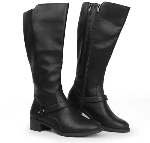 Hawkwell Damen-Reitstiefel mit breiter Wade und doppeltem Reißverschluss, Schwarz Synthetik EU 38