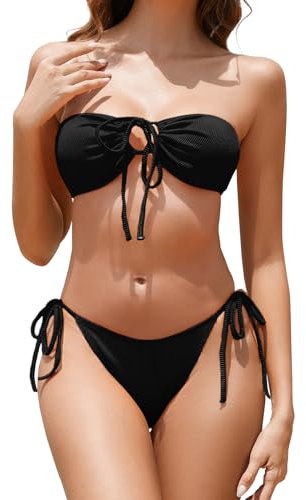 Bandeau-Bikini-Set für Damen, gerippt, trägerlos, zweiteilig, mit seitlicher Bindung, freche Badeanzüge, Schwarz, XL