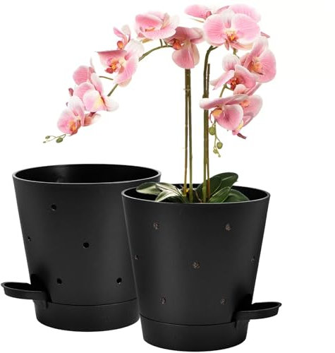 Vanslogreen Lot de 2 pots à orchidée avec trous, 15,2 cm à arrosage automatique, pots de fleurs en plastique pour orchidée, fleur (noir)