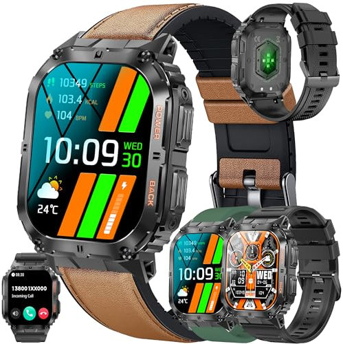Smartwatch 1,96 AMOLED Herren mit Telefonfunktion, IP68 Wasserdicht Sportuhr mit 100+ Sportmodi, Blutdruckmessung, SpO2, Herzfrequenz, Schrittzähler, Militärische Fitnessuhr für iOS Android (Schwarz)