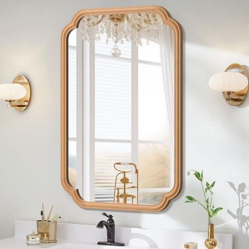 Ferytange Espejos de baño de madera para montaje en pared, espejo rústico de baño de 24 x 36 pulgadas para sobre el fregadero con marco de madera, espejo rectangular de esquina redondeada decorativa