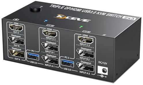 Switch KVM DP + HDMI 3 Monitor 2 Computer, YOUTINGHDAV Triplo Monitor Switch KVM 2 Displayport + HDMI 8K@60Hz 4K@144Hz, Switcher-KVM USB 3.0 per 2 PC Condividi mouse, tastiera e 3monitor