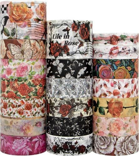 Rose Washi Tape Set, 20 Rollen Vintage Floral Washi Tapes für Journaling, Thanksgiving Blume Brief Schmetterling Aufkleber dekorative Bänder für Crafts Supplies, Scrapbooking Supplies, Junk Journal