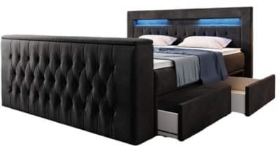 Boxspringbett Menzogna 180x200 Doppelbett Polsterbett Bett mit TV Lift, USB und Stauraum (2 Schubladen) | Bezug: Samt | Farbe: Schwarz | Härtegrad: H2 (bis 70kg)
