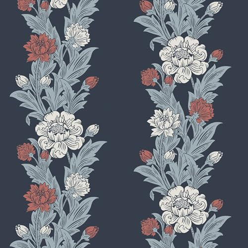 Galerie Arts and Crafts Navy/White/Red Blooming Floral Stripe Wallpaper Roll