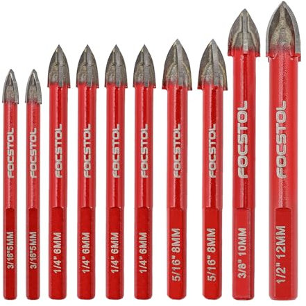 FOCSTOL Masonry Drill Bits Set - 10pcs Carbide Drill Bits Set with Triangle Shank for Wood Plastic Foam Tiles Softer Materials (5mm*2+6mm*4+8mm*2+10mm+12mm)