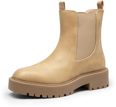 DREAM PAIRS Stivali Chelsea da Donna con Punta Quadrata Moda Tacco Basso Suola Spessa Stivaletti Autunnali,Size 38.5,Nude-Nabuk,SDAB2412W
