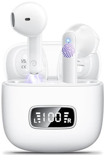 Wireless Earbuds,Bluetooth 5.3 Headphones In Ear with 4 Mic ENC Calls Noise Cancelling Ear buds,Wireless Earphones LED Display Wireless Headphones Touch Control IP6 Waterproof, 42H Playtime White