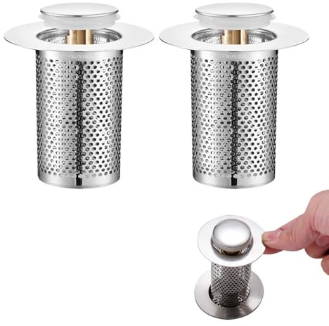 1/2 Pcs Bonde Lavabo Universel, Filtre de Vidange évier à Rebond Bouchon d'évier en Acier Inoxydable Crépine Vidange avec Panier Filtrant Amovible pour évier de Cuisine de Vanité de Salle Bain