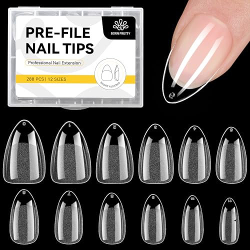 Born Pretty 288 Pièces Capsule Americaine Ongle Courts en Amande, 12 Tailles Semi Givré Faux Ongles, Acrylique Pose Americaine Capsule Ongles Transparents Préformés pour Une Couverture Complète