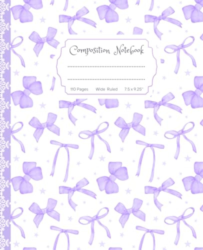 Super Cute Preppy Aesthetic Composition Notebook Pastel Purple Violet & White Coquette Bows: Wide Ruled Journal for Girls, Kids, Teens; Y2K Cool Girly School Supply