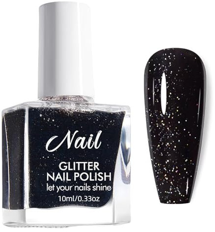 Black Nail Polish, Glitter Nail Varnish, Long-lasting Quick Dry Flash Nail Polish, Nail Varnish Gel Low Odor Without UV Lamp Non-Toxic For Women Home DIY Nail Art Gift (Black, 10ML)