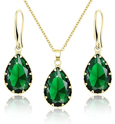 Linawe Smaragdgrün Schmucksets für Damen, Gold Smaragd Anhänger Kette Halskette, Damenohrringe Ohrringe Hängend, Modeschmuck Jewelry Goldschmuck