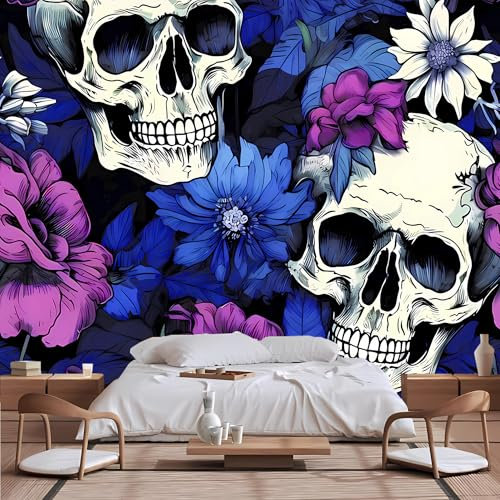 Lcythiazole Papier peint à décoller et à coller - Motif tête de mort - Grand fond noir - Fleurs bleues violettes - Crâne blanc - Pour salon, chambre à coucher, restaurant