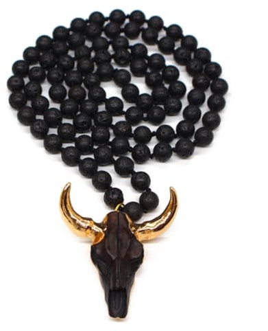 Fcnjsao Damen-Halskette, Steinperlen-Halskette mit Horn-Anhänger, lange ethnische Halskette, Modeschmuck, Accessoire für Frauen und Mädchen, Naturstein