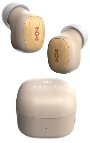 House of Marley Smile Jamaica - Auriculares inalámbricos pequeños, auriculares Bluetooth pequeños, 14 horas de reproducción, auriculares intrauditivos TWS Bluetooth con funda de carga, materiales