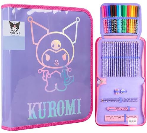 Hello Kitty Federmäppchen Mädchen Federtasche Gefüllt mit Schulsachen Buntstifte Filzstifte und Vieles Mehr Cinnamoroll Kuromi Sanrio Geschenk Idee (Violett Kuromi)