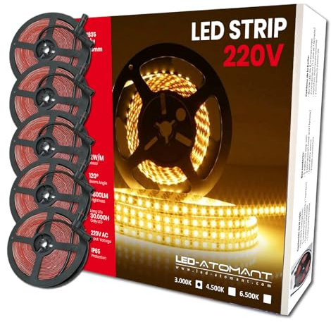LED ATOMANT Lot de 5 Rouleau de 10 mètres de Ruban LED Directe 220V, 12W/m, Couleur Blanc Chaud (3000K), Imperméable (IP65), Coupe tous les 10cm