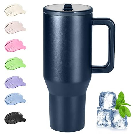 Thermobecher mit Strohhalm und Henkel, 40oz/ 1200ml Kaffeebecher to go Thermo, 100% Auslaufsicher Edelstahl Isolierbecher | Flip-Strohhalm Deckel | Spülmaschinenfest | BPA Frei (Dunkelblau)