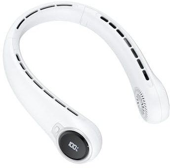 Zuquik Halsventilator, 4000mAh USB Hals Ventilator mit RGB LED Ambientebeleuchtung Leise Neck Bladeless Portable Fan mit Akku für Reisen Sport Fitness Party Camping Büro，Weiß