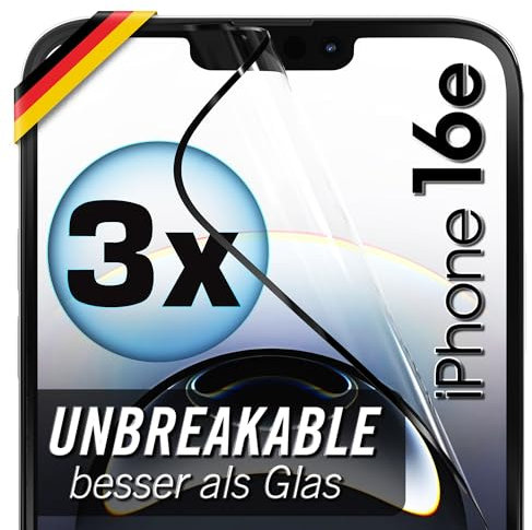 UTECTION 3X Panzerfolie [Besser als Glas] für iPhone 16e - Unzerstörbarer Displayschutz - Perfekte passform - Schutzfolie mit ALLEN Hüllen kompatibel - Super Haptik & Kinderleichte Anbringung