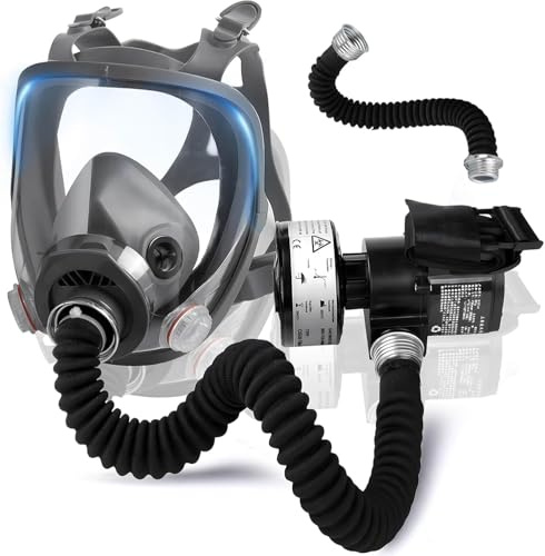 sykua Portable Powered Air Supply Purifying Respirator Mask,Full Face Gas Mask with 40mm Activated Carbon Filter,Air Fed Mask Nuclear and Chemical for Sanding,Building Work,Spray Paint,Resin,Industry