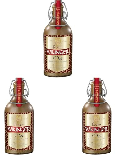 Wikinger | Roter Wikinger Met | 1 x 0.5l | im Tonkrug | Honigwein aus der historischen Ursprungsregion in Norddeutschland | Mit Kirschsaft | fruchtig aromatisch (Packung mit 3)