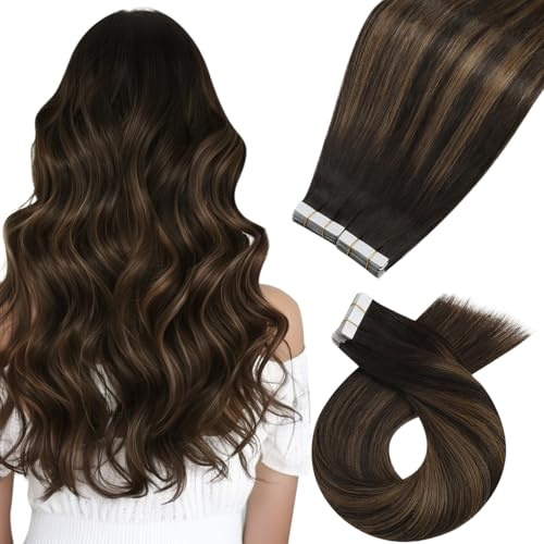 Moresoo Tape in Hair Extensions Human Hair Balayage Darkest Brown 24 Inch | 40pcs/100g, Adds Dramatic Length, For Women, For Wedding, Long Lasting Hold, Add Length & Volume, Natural Looking
