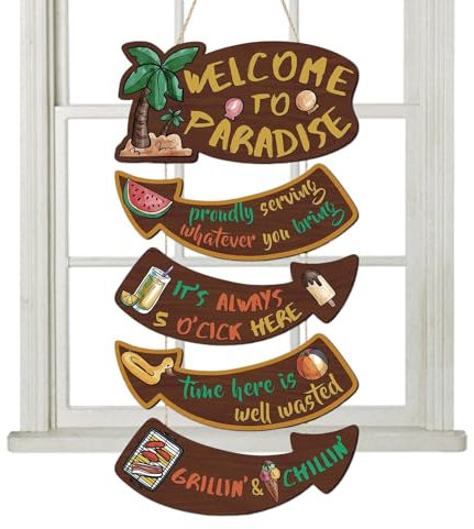 Cartel de bienvenida – Colgante de madera para puerta con un diseño tropical | Cartel rústico de madera para jardín, patio, vacaciones en la playa, barbacoa, decoración decorativa