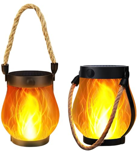 Flammen-Solarlaterne Außenleuchten 1500mAh, Außenlaternen für Garten mit Flammeneffekt, wiederaufladbar, IPX4 hängende Solarleuchten Camp Garten für Außentisch Terrasse Balkon Innenhof (2 Stück)