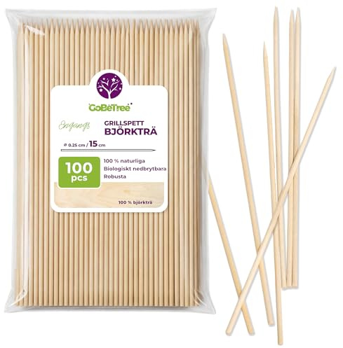 GoBeTree 100 Schaschlikspieße Holz 15 cm, Holzspiesse für Fingerfood & Obst | Holzspieße 15 cm mit Spitze, poliert ohne Splitter, Holz Schaschlikspieße für Häppchen, Mini-Spieße, Burger und Obst
