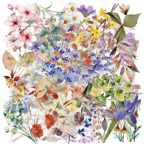 LONZIKP Set di 100 adesivi floreali per adesivo journaling, stickers aesthetic, fiori naturali estetici, trasparenti per scrapbooking, artigianato, biglietti, computer portatili