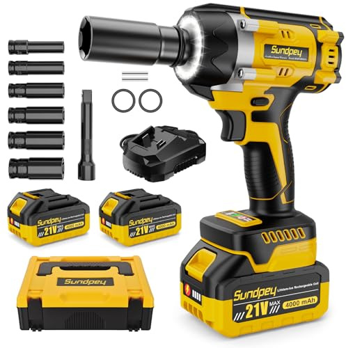 Sundpey Pistola de Impacto Bateria 700Nm, 1/2 Brushless Atornillador de Impacto con 2 Baterías de 4,0 Ah, 6 Enchufes, Anillo LED Rápido, 21V Llave de Impacto Para Cambio de Neumáticos y Bricolaje