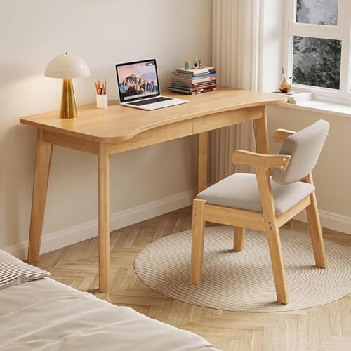 Massivholz Schreibtisch mit 2 Schubladen, Gebogene Tischkante fürs Homeoffice, Moderner Arbeitstisch fürs Schlafzimmer, Platzsparend und Stabil(Wood,80x60x75cm(31x24x30inch))