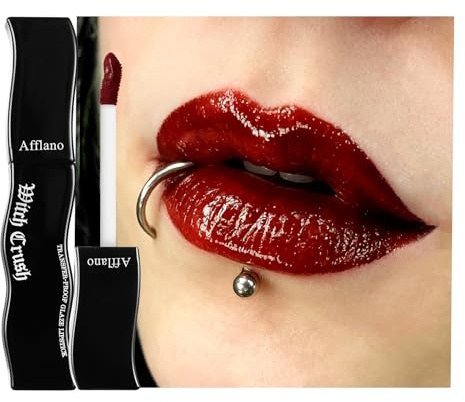 Afflano Red Goth Lip Gloss, Dark Red Lipstick Non Sticky Long Lasting Moisturizing, Burgundy Goth Lipgloss Shiny Lip Gothic Makeup for Women Girls Bold Daily Halloween Vampire Blood Cosplay Look #03