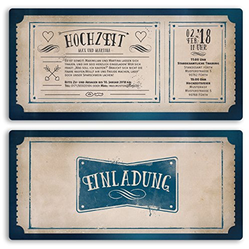 (10 x) Hochzeitseinladungen Vintage Retro Ticket Alt Einladungskarten Hochzeit