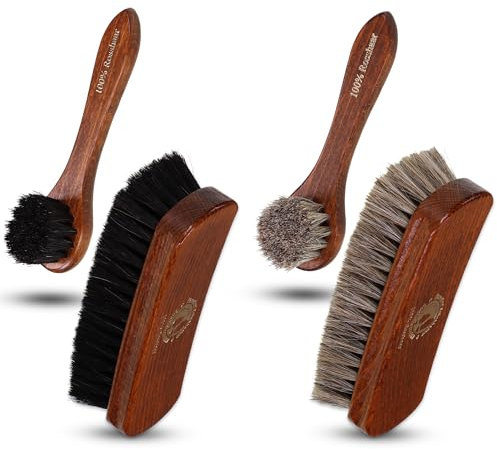 Langlauf Schuhbedarf Schuhbürsten Set Rosshaar - Schuhbürste aus Pferdehaar - lackiertes Buchenholz I Rosshaarbürste hell dunkel Bürstenset - 2 Glanzbürsten und 2 Cremebürsten made in Germany