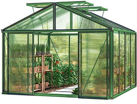 GFP Gewächshaus Asteria 22 Premium 311x311 cm mit integriertem Fundament 16 mm Doppelstegplatten, Farbe Moosgrün