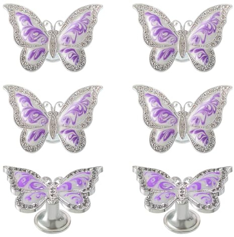 RUN 6 Pieces Butterfly Knobs Metal Decorative Cabinet Drawer Cupboard Furniture Door Single Hole Pulls Handles (Purple)