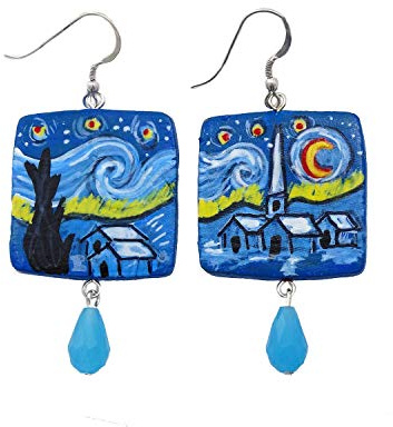 Boucles d'oreilles en céramique peintes à la main - LA NUIT ÉTOILÉE TABLEAU CÉLÈBRE - Boucles d'oreilles pendantes pour femme, Bijoux en céramique peinte, Crochet en argent, Fabriqué en Italie