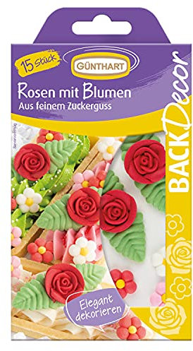 Günthart BackDecor | Rosen mit Blumen | aus feinem Zuckerguss | in den Farben Rosa, Pink | für Kuchen und CupCakes | zum Dekorieren