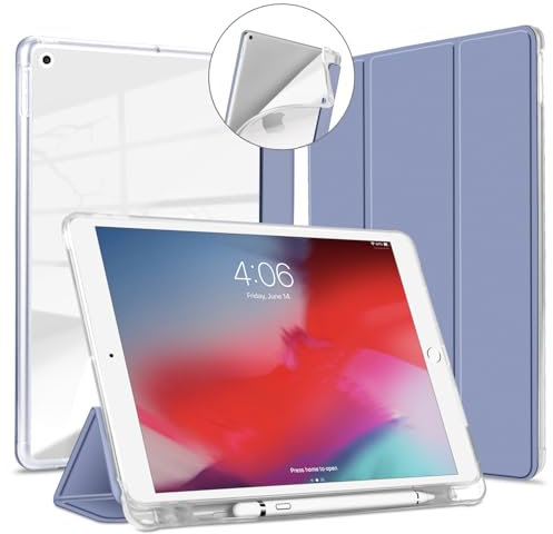 VAGHVEO Coque pour iPad 10,2 Pouces 9ème Génération 2021, iPad 8ème Génération 2020, iPad 7ème Génération 2019 Étui avec Porte Pencil, Slim Léger Housse Case Cover Arrière en TPU Souple, Violet Clair
