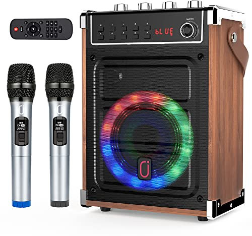 JYX Karaoke Maschine mit 2 UHF-Funkmikrofonen, Bluetooth-Lautsprecher mit Bass-/Höhen-Einstellung und LED-Licht, PA-Systemunterstützung TWS, AUX in, FM, Rec, Versorgung für Party/Erwachsene/Kinder