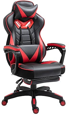 Vinsetto Chaise Gaming Ergonomique, Fauteuil de Bureau Confortable avec Repose-Pied, Appuie-Tête et Coussin Lombaire, Hauteur Réglable, Noir et Rouge