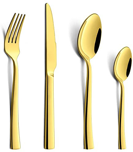 Joyfair 16 Pieces Gold Cutlery Set, Stainless Steel Flatware Silverware Set Service for 4, Eating Utensils Include Knife/Fork/Spoon for Dining, Modern Design & Mirror Polished, Dishwasher Safe